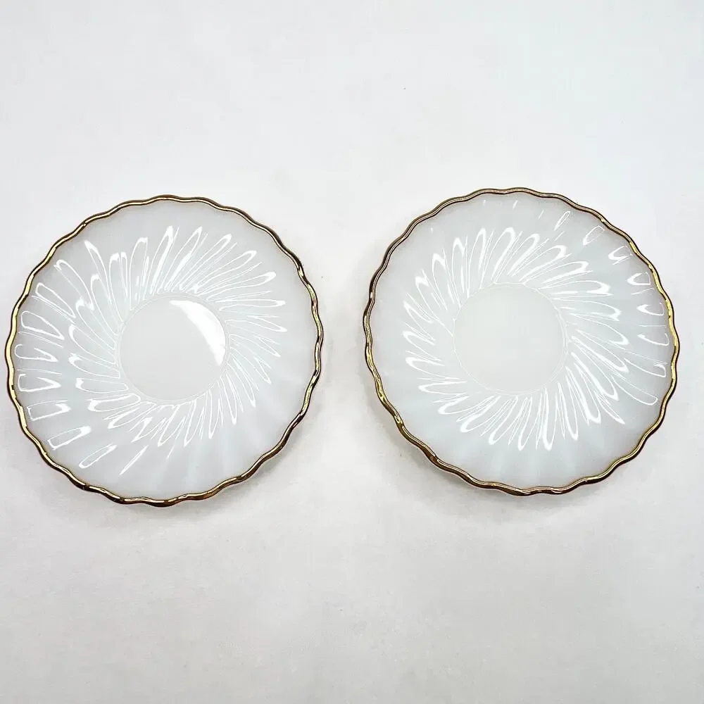 Two Vintage Anchor Hocking Fire King Milk Glass Gold Trim Saucers